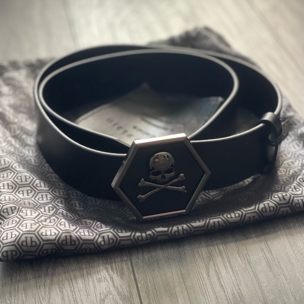 Philipp Plein Leather Skull Buckle Belt